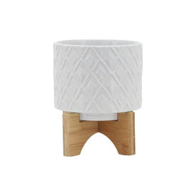 5" Diamond Ceramic Planter with Wood Stand - White
