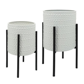 Dotted Planters on Metal Stands Set of 2 - White/Black