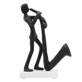 12" Metal Saxophonist Sculpture on Marble Base - Black