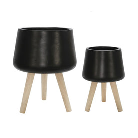 11"/15" Ceramic Planters with Wood Legs Set of 2 - Matte Black