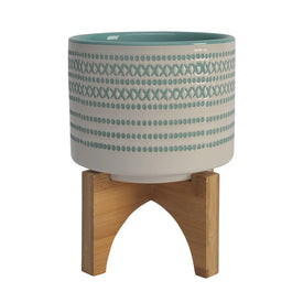 7" Dotted Ceramic Planter on Wood Stand - Turquoise