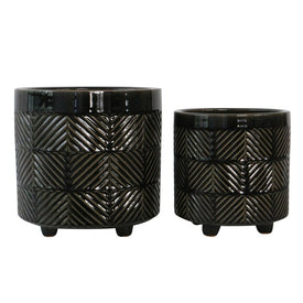 6"/8" Textured Ceramic Footed Planters Set of 2 - Shiny Black