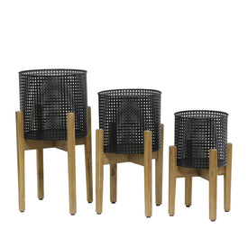 8"/9"/11" Round Metal Mesh Planters on Wood Stands Set of 3 - Black