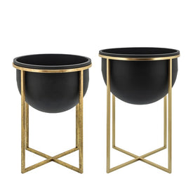 11"/12" Metal Planters with Stands Set of 2 - Black/Gold