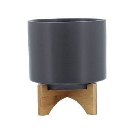 8" Speckled Ceramic Planter with Wood Stand - Matte Gray