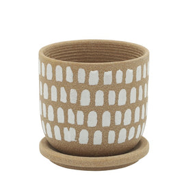 5" Painted Dots Ceramic Planter with Saucer - Brown/White