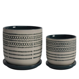 5"/6" Tribal Dots Ceramic Planters with Saucers Set of 2 - Green