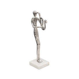 15" Saxophone Musician Sculpture on Marble Base - Silver