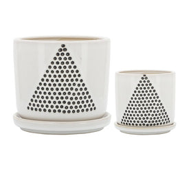 5"/6" Triangle Dots Ceramic Planters with Saucers Set of 2 - White