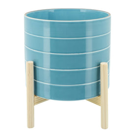 10" Striped Ceramic Planter with Wood Stand - Sky Blue
