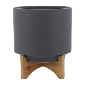 10" Speckled Ceramic Planter with Wood Stand - Matte Gray