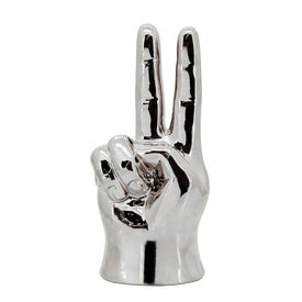 8" Peace Sign Hand Ceramic Sculpture - Silver