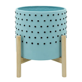 10" Polka Dots Ceramic Planter with Wood Stand - Blue
