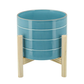 8" Striped Ceramic Planter with Wood Stand - Sky Blue