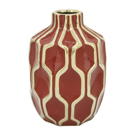 8" Geometric Lattice Ceramic Vase - Red/Gold