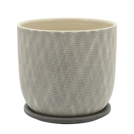 7" Crosshatch Mesh Ceramic Planter with Saucer - Gray