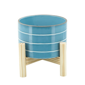 6" Striped Ceramic Planter with Wood Stand - Sky Blue
