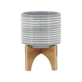 7" Brushed Stripes Ceramic Planter on Wood Stand - Gray