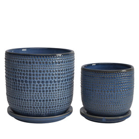 5"/6" Textured Dots Ceramic Planters with Saucers Set of 2 - Blue