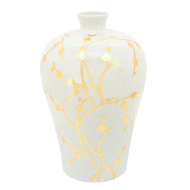 15" Ceramic Vase with Gold Branch Pattern - White