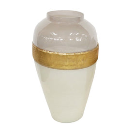 21" Glass Ginger Vase with Brass Band - White