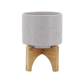 5" Speckled Ceramic Planter with Wood Stand - Matte Beige