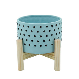 6" Polka Dots Ceramic Planter with Wood Stand - Blue