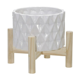 6" Diamond Grid Ceramic Planter with Wood Stand - White