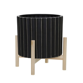 10" Fluted Ceramic Planter with Wood Stand - Black
