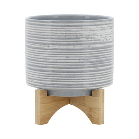 9.25" Brushed Stripes Ceramic Planter on Wood Stand - Gray