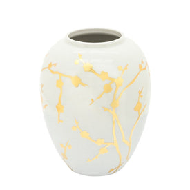 10" Ceramic Vase with Gold Branch Pattern - White