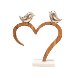 15" Aluminum Birds Perched on Wood Heart - Silver