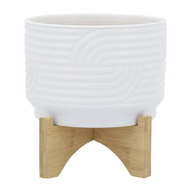 7" Abstract Waves Ceramic Planter on Wood Stand - White