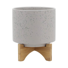 8" Speckled Ceramic Planter with Wood Stand - Matte Beige