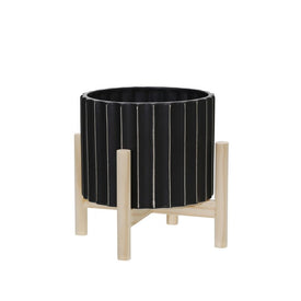 8" Fluted Ceramic Planter with Wood Stand - Black