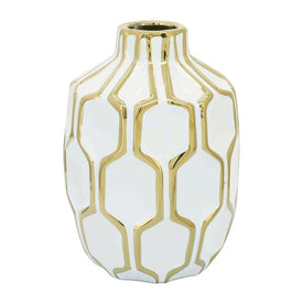 8" Geometric Lattice Ceramic Vase - White/Gold