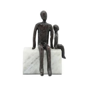 10" Metal Sitting Dad & Son Sculpture on Marble Base