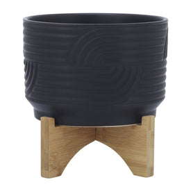 7" Ceramic Abstract Waves Planter on Wood Stand - Black