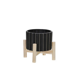 6" Fluted Ceramic Planter with Wood Stand - Black