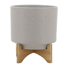 10" Speckled Ceramic Planter with Wood Stand - Matte Beige