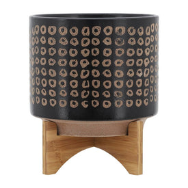 11.5" Tribal Spots Ceramic Planter on Wood Stand - Brown