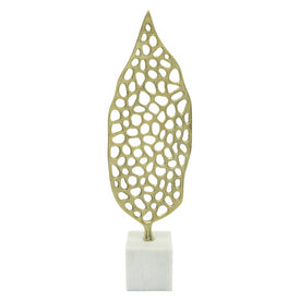24.25" Metal Cut-Out Leaf on Marble Stand - Gold