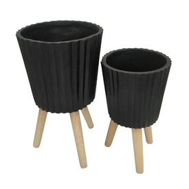 10"/12" Ridged Ceramic Planters with Wood Legs Set of 2 - Black (Knockdown Design)