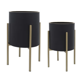 Planters on Metal Stands Set of 2 - Black/Gold