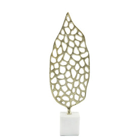 19" Metal Cut-Out Leaf on Marble Stand - Gold
