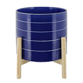 10" Striped Ceramic Planter with Wood Stand - Navy