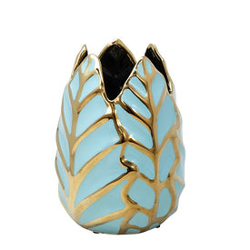 7.75" Ceramic Leaf Vase - Green/Gold