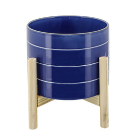 8" Striped Ceramic Planter with Wood Stand - Navy