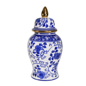 14" Ceramic Temple Jar - Blue/White