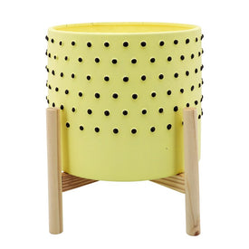 10" Polka Dots Ceramic Planter with Wood Stand - Yellow